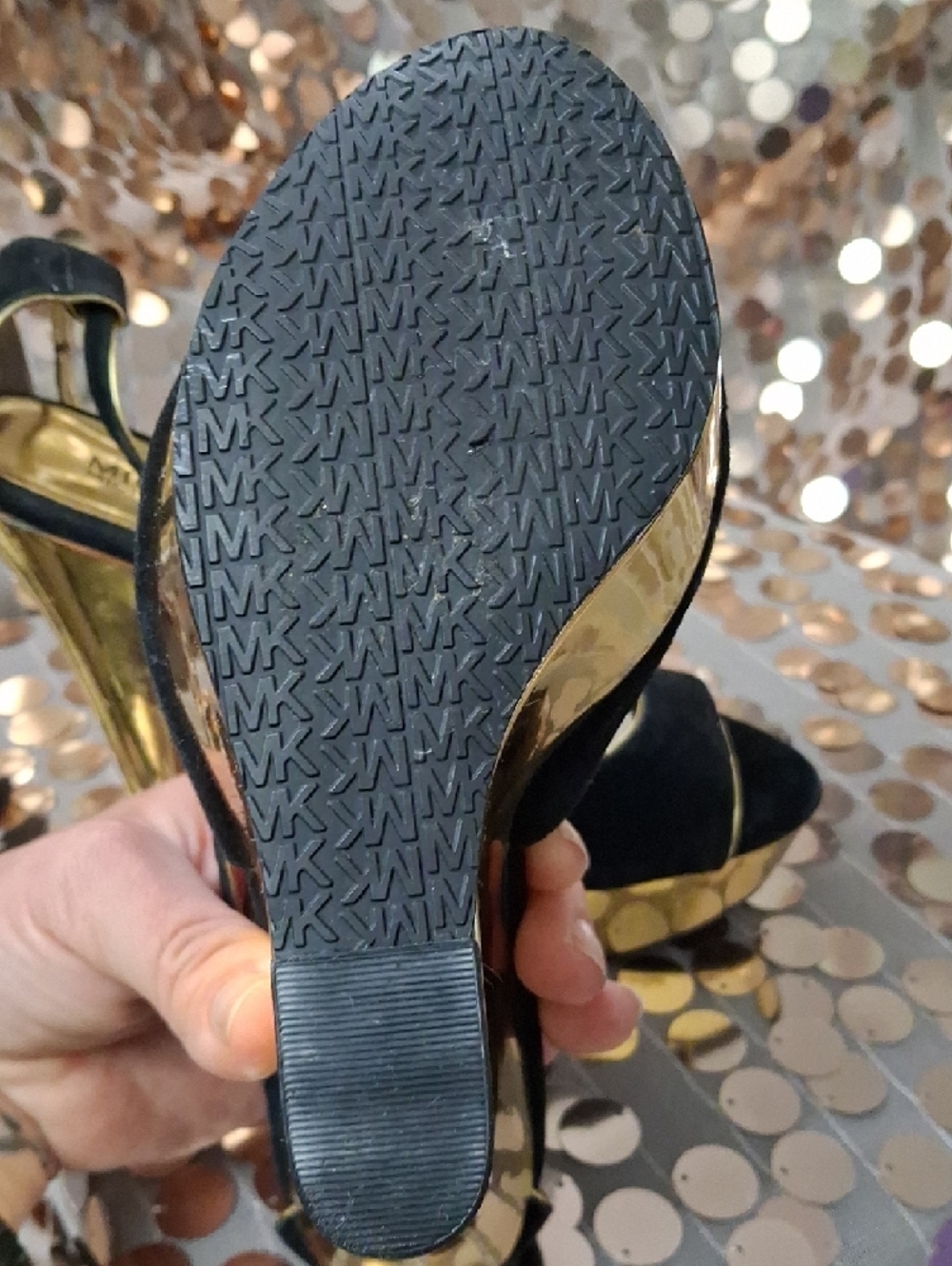 Michael Kors Black Suede and Gold Wedge Sandals - Picture 9 of 12